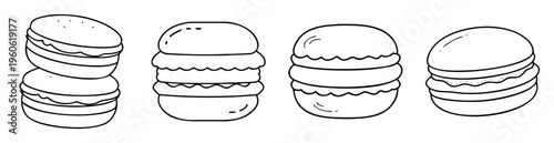 Four hand drawn black and white burgers in a line illustration