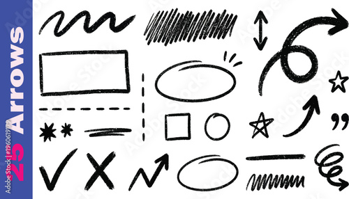 Vintage collection of hand drawn black vector doodle icons and business design elements featuring sketches of arrows, circles, and zodiac symbols in a silhouette line art style