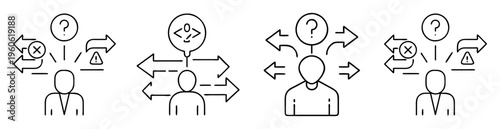 Conflicting perspectives and choices concept represented by four simple line drawings