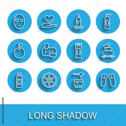 Set line Cream or lotion cosmetic tube, Leaf plant nature, Facial mask, Honey dipper stick and bowl, Slipper, Bar of soap with foam, Stack hot stones and Bottle shampoo icon. Vector