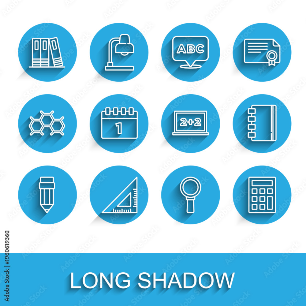 Obraz premium Set line Pencil with eraser, Triangular ruler, Office folders, Magnifying glass, Calculator, Calendar first september date, Spiral notebook and Chalkboard icon. Vector