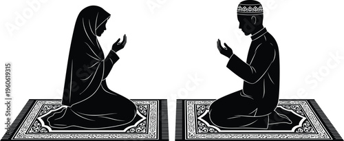 Muslim man and woman praying on prayer mats silhouette illustration in black vector style isolated on white background representing Islamic faith, worship, devotion and spirituality