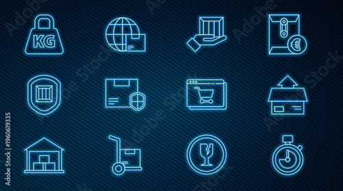 Set line Stopwatch, Carton cardboard box, Delivery hand with boxes, security shield, Weight, Online shopping screen and Worldwide shipping icon. Vector