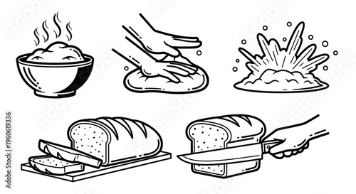 Illustrations of bread making process from dough to slicing loaf