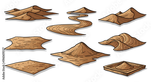 Collection of diverse sand dune illustrations and desert landscape elements