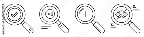 Magnifying glass icons representing search, zoom, target, validation, and business analysis