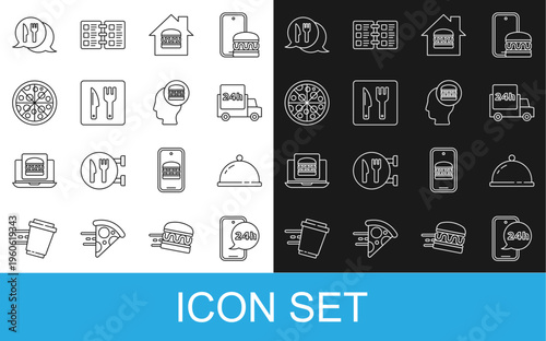 Set line Food ordering, Covered with a tray of food, Fast delivery by car, Online and, Cafe restaurant location, Pizza, and icon. Vector