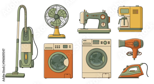 Collection of vintage-style household appliances and electronics on a white background