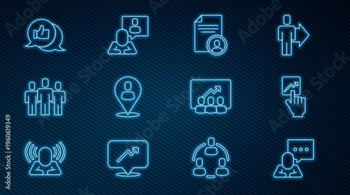 Set line Speech bubble chat, Team leader, Resume, Worker location, Users group, Hand like, Project team base and Head hunting icon. Vector