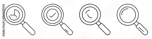 Magnifying glass icon set with different inside symbols, search and analysis metaphor