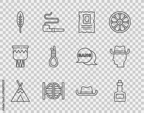 Set line Indian teepee or wigwam, Tabasco sauce, Wanted western poster, Saloon door, feather, Gallows rope loop hanging, Western cowboy hat and Cowboy icon. Vector