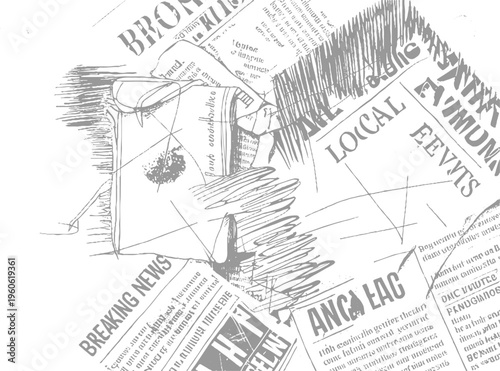 Scattered grey newspaper clippings with headlines and scribbled lines