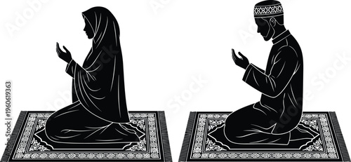 Muslim man and woman praying on prayer mats silhouette vector illustration isolated on white background representing Islamic worship, faith, spirituality, Ramadan and religious devotion