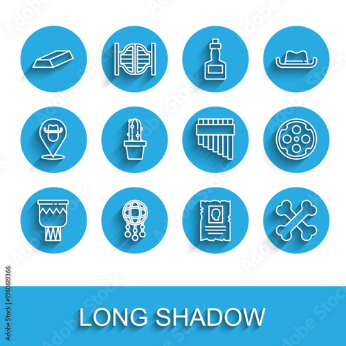 Set line Drum, Dream catcher with feathers, Gold bars, Wanted western poster, Crossed human bones, Cactus peyote in pot, Revolver cylinder and Pan flute icon. Vector