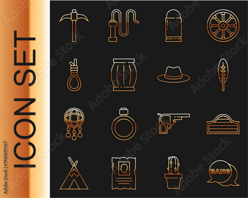 Set line Bang boom, gun Comic, Saloon door, Indian feather, Bullet, Gun powder barrel, Gallows rope loop hanging, Pickaxe and Western cowboy hat icon. Vector