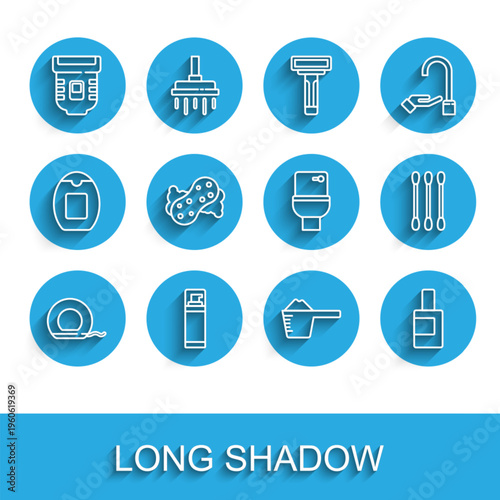 Set line Dental floss, Shaving gel foam, Epilator, Washing powder, Bottle for cleaning agent, Sponge, Cotton swab ears and Toilet bowl icon. Vector