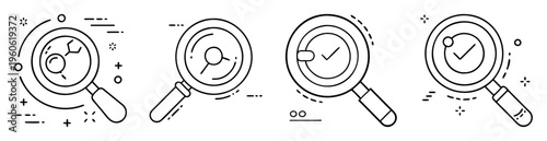 Set of four magnifying glasses representing search analysis and inspection icons