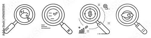 Four magnifying glasses representing research, confirmation, targeting, and observation with line icons