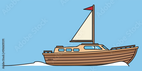 Traditional wooden fishing boat with sail on calm sea water eps 10