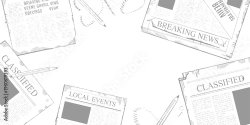 Hand drawn of newspapers with headlines like breaking news classified and local events with pencils scattered around