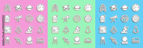 Set line Mars rover, Rocket ship, Planet, Saturn, Telescope, Astronomical observatory, Robot and icon. Vector