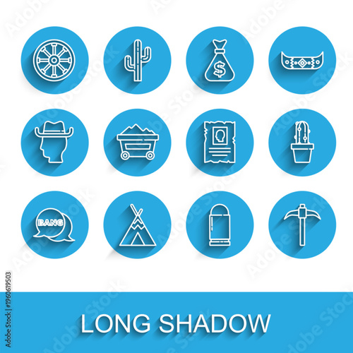 Set line Bang boom, gun Comic, Indian teepee or wigwam, Old wooden wheel, Bullet, Pickaxe, Coal mine trolley, Cactus peyote pot and Wanted western poster icon. Vector