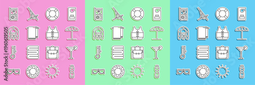 Set line Bottle of water, Martini glass, Sun protective umbrella for beach, Lifebuoy, Towel on hanger, Rafting boat, Travel brochure and jacket icon. Vector