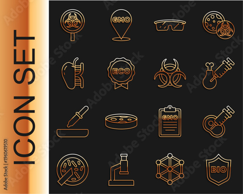 Set line Shield for bio healthy food, Genetically modified meat, Gmo research chicken, Laboratory glasses, Label eco, apple, Biohazard and magnifying and symbol icon. Vector
