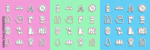 Set line Rafting boat, Location of the forest on map, Road traffic signpost, Campfire, Kettle with handle, Life jacket, Bottle water and Wooden axe icon. Vector