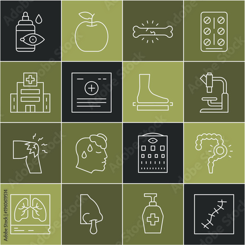 Set line Scar with suture, Gut constipation, Microscope, Bone pain, Clinical record, Medical hospital building, Eye drop bottle and Flat foot icon. Vector