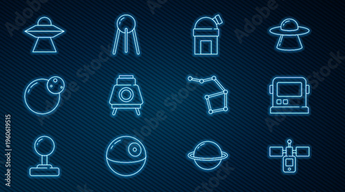 Set line Satellite, Astronaut helmet, Astronomical observatory, Mars rover, Planet, UFO flying spaceship, Great Bear constellation and icon. Vector