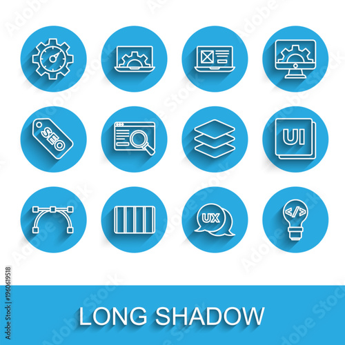 Set line Bezier curve, Color palette guide, Website statistic, UI UX design, Front end development, and Layers icon. Vector