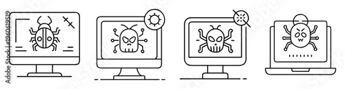 Black and white line art showing computer security virus infection warnings