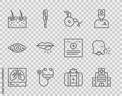 Set line Lungs x-ray, Medical hospital building, Wheelchair, Stethoscope, Hair covering skin, Herpes lip, First aid kit and Man coughing icon. Vector