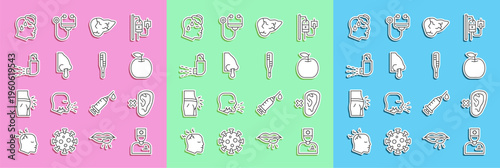 Set line Male doctor, Deaf, Apple, Hepatitis virus, Runny nose, Inhaler, High human body temperature and Medical thermometer icon. Vector