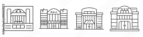 Four Line Art Building Icons Featuring a Mall and Various Facades