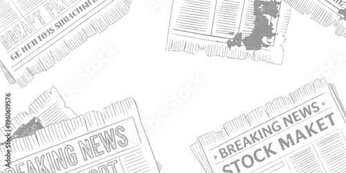 Scattered grey sketched newspapers with headlines about breaking news and stock market on white background