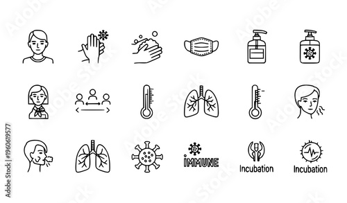 Coronavirus Protection Line Icons Set Black and White Medical Outline Vector Collection