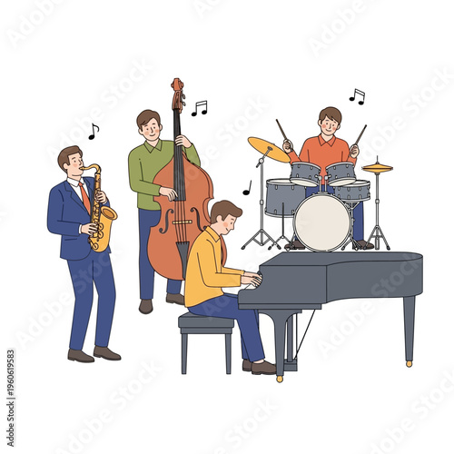 Jazz Band Performing Live: Saxophone, Piano, Bass, and Drums