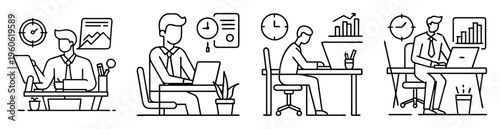 Illustrative depiction of four people working at their desks in an office