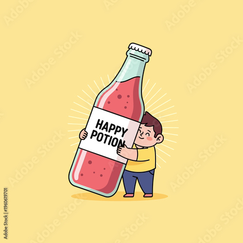 Happy Child Hugging Giant Happy Potion Bottle