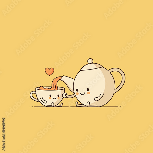Cute kawaii teapot pouring tea into a cup with a heart, happy characters, pastel yellow background