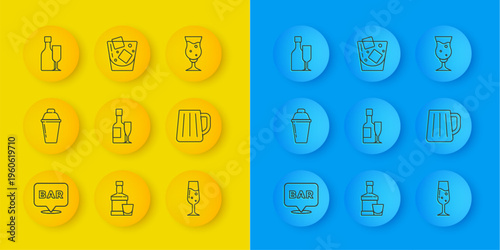 Set line Alcohol bar location, Cocktail shaker, Champagne bottle and glass, Glass of champagne, Wooden beer mug, Wine with, and whiskey icon. Vector