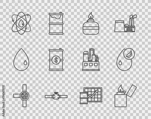 Set line Industry pipes and valve, Lighter, Alcohol or spirit burner, Atom, Barrel oil with dollar, Oil price increase and Bio fuel icon. Vector