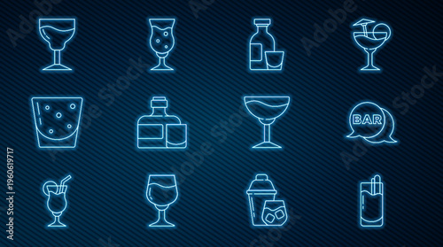 Set line Cocktail Bloody Mary, Street signboard with Bar, Alcohol drink Rum, Whiskey bottle and glass, Glass of rum, Wine, and beer icon. Vector