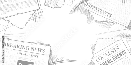Sketchy newspaper headlines breaking news local events and localsts text with grey lines and dots on white background