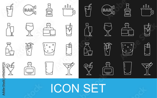 Set line Martini glass, Cocktail Bloody Mary, Whiskey bottle, Wine, with, Glass of juice and and icon. Vector