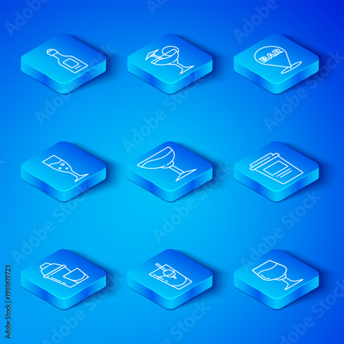 Set line Cocktail shaker, Wine glass, Bloody Mary, Coffee cup to go, Alcohol bar location, Glass champagne, Champagne bottle and icon. Vector