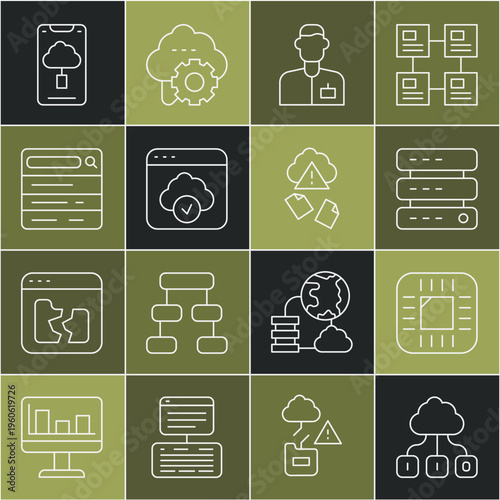 Set line Cloud technology data transfer, Processor with CPU, Server, Data, Web Hosting, Analyst engineer, Search, and hacking icon. Vector