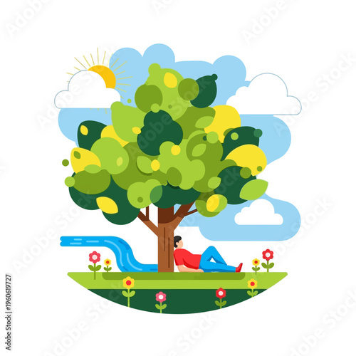 Man Relaxing Under Tree by River, Nature Landscape, Summer Day, Peaceful Scene